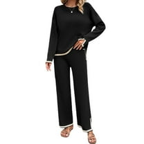 SWSMCLT Women's 2 Piece Outfits Dressy Long Sleeve Lounge Sets Knit Sweater Top Wide Leg Pants Holiday Casual Pant Suits Tracksuits Black Small