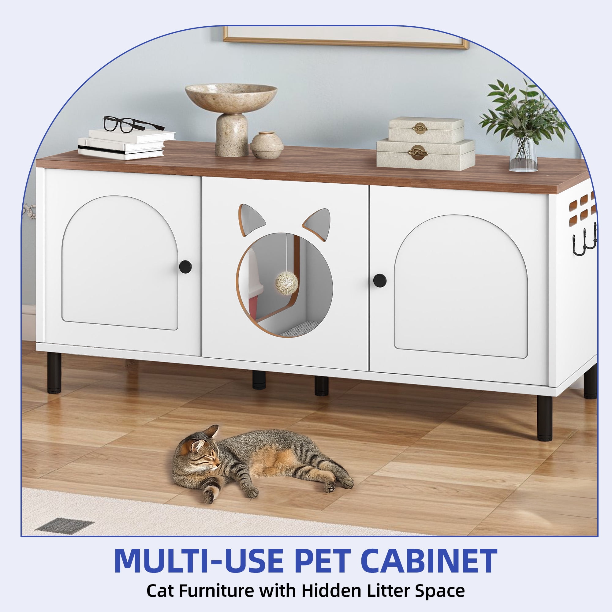 ModFusion 59" Modern Cat Litter Box Enclosure TV Stand – Multi-Functional Cat Furniture with Hidden Litter Box, Storage Hooks & Pet Bed, White & Walnut