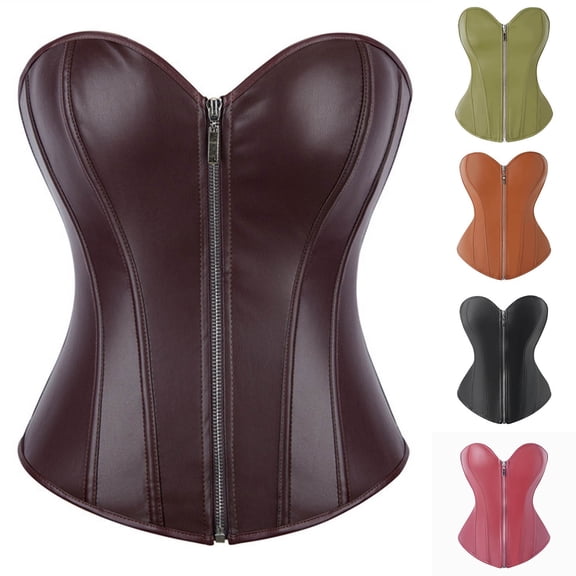 Purcolt Corsets for Women Dressy Casual Vintage Gothic Faux Leather Zipper Front Bustier Corset Top Steampunk Rock Basque Shapewear Top