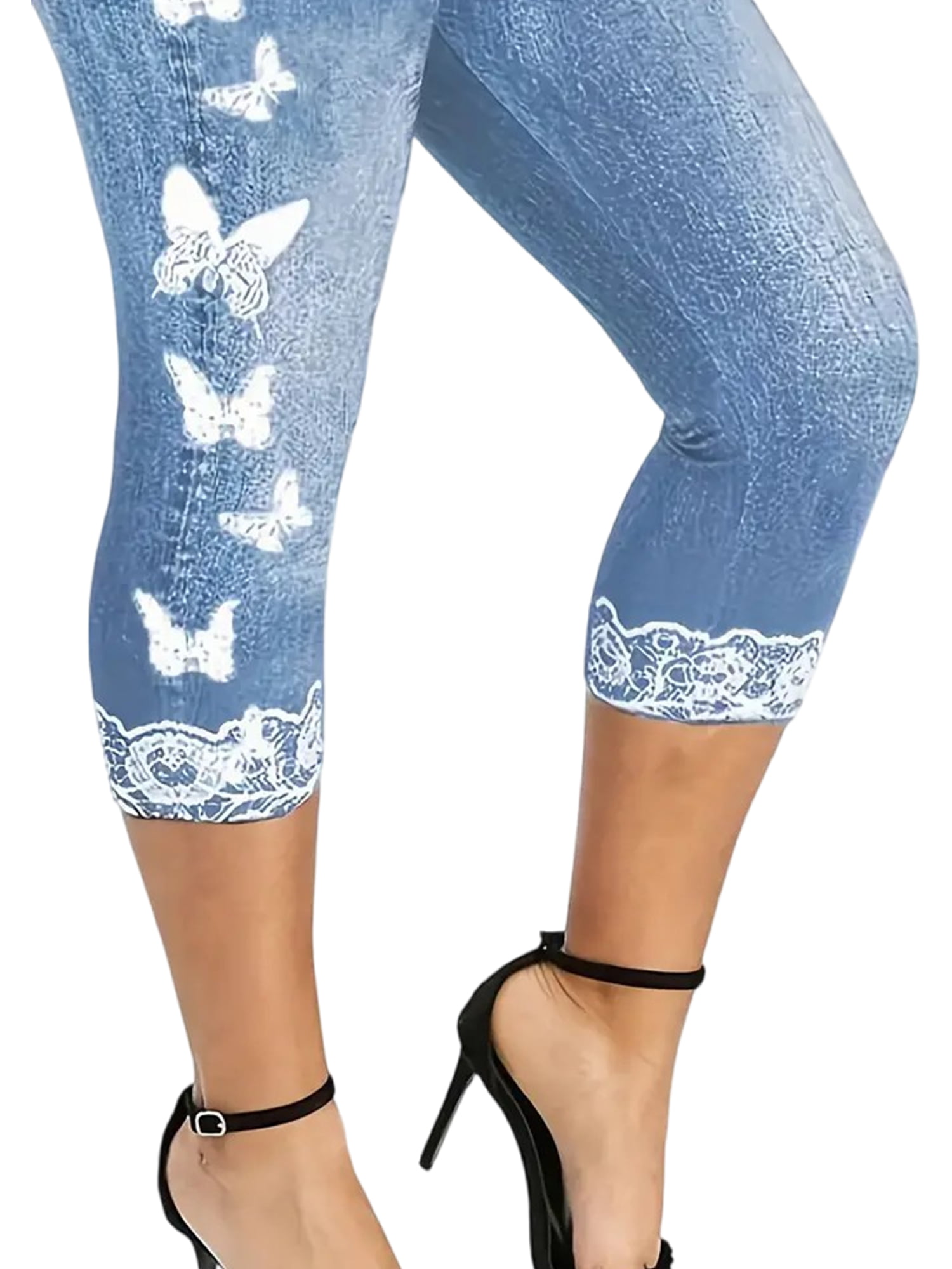 Frontwalk Ladies Plus Size Capri Leggings Tummy Control Oversized Faux Denim  Capris Butterfly Print Fake Cropped Jeans Summer Skinny Bottoms High Waist  Tights Blue 5XL 