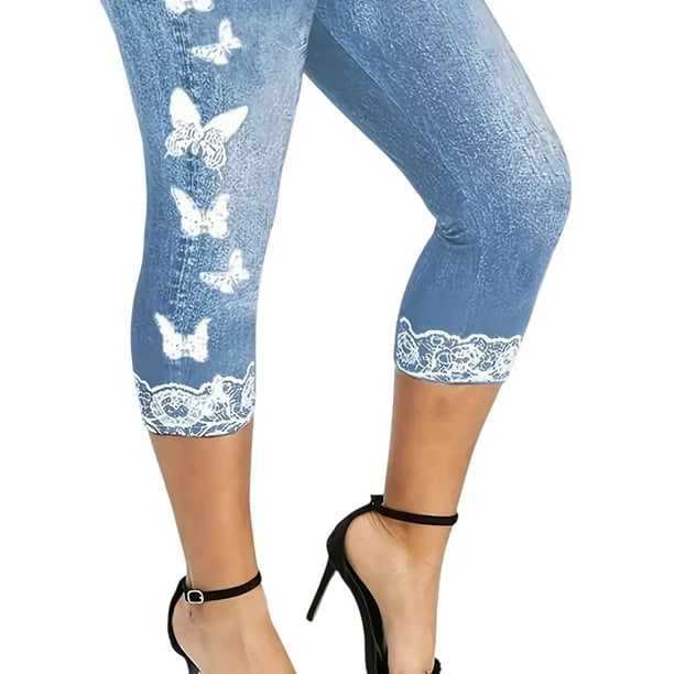 Avamo Women Plus Size Leggings Butt Lifting Fake Jeans Butterfly