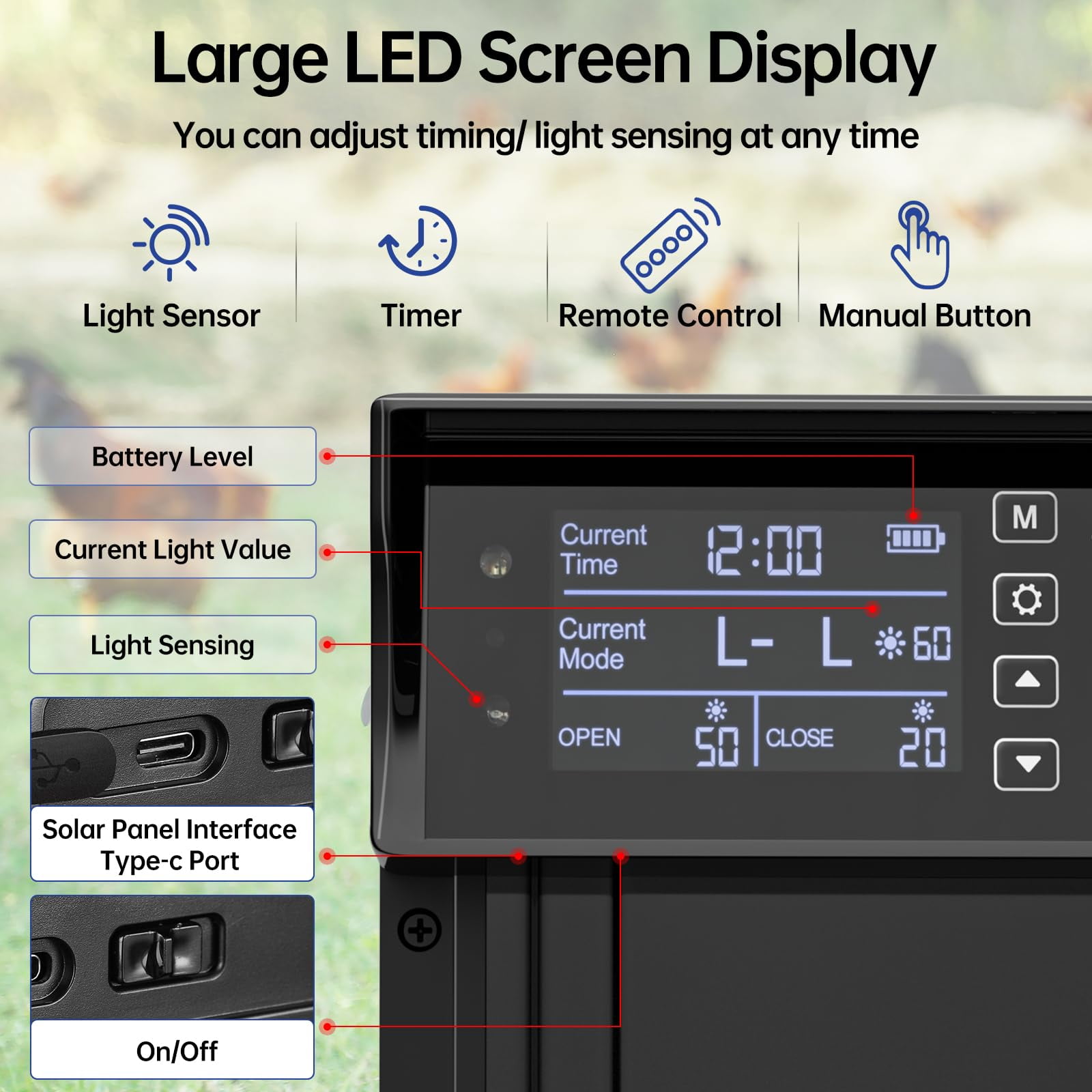 Automatic Chicken Coop Door Solar Powered Auto Chicken Door with Timer & Light Sensor, Anti-Pinch & Alert, LCD Screen, Remote Control Aluminum Waterproof,Black
