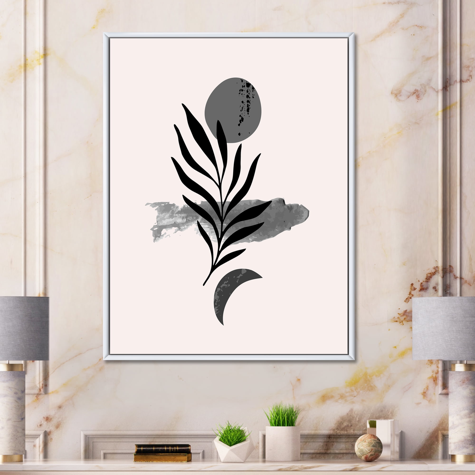 Designart 'Abstract Black Tropical Leaf II' Modern Framed Canvas Wall Art Print