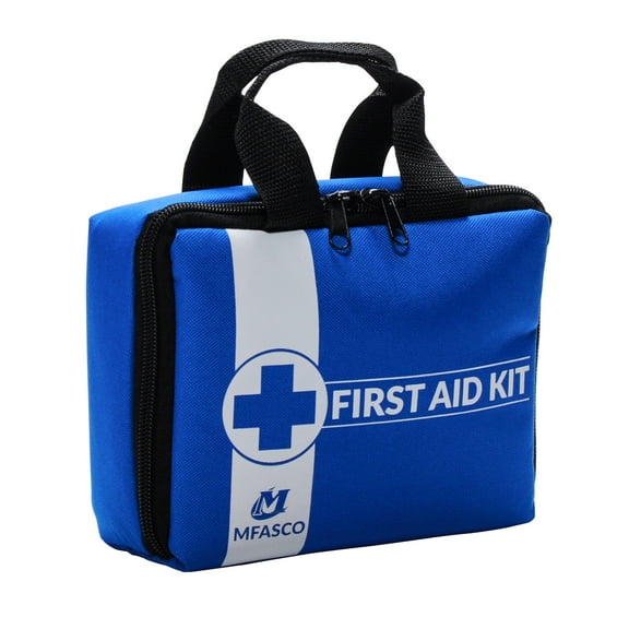 First Aid Kit Packed in Blue Bag with Zippered Pockets to Keep Supplies Neat by MFASCO