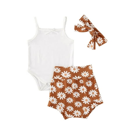 

Baby Girls Clothes Summer Sleeveless Top + Floral Shorts+Headband Set