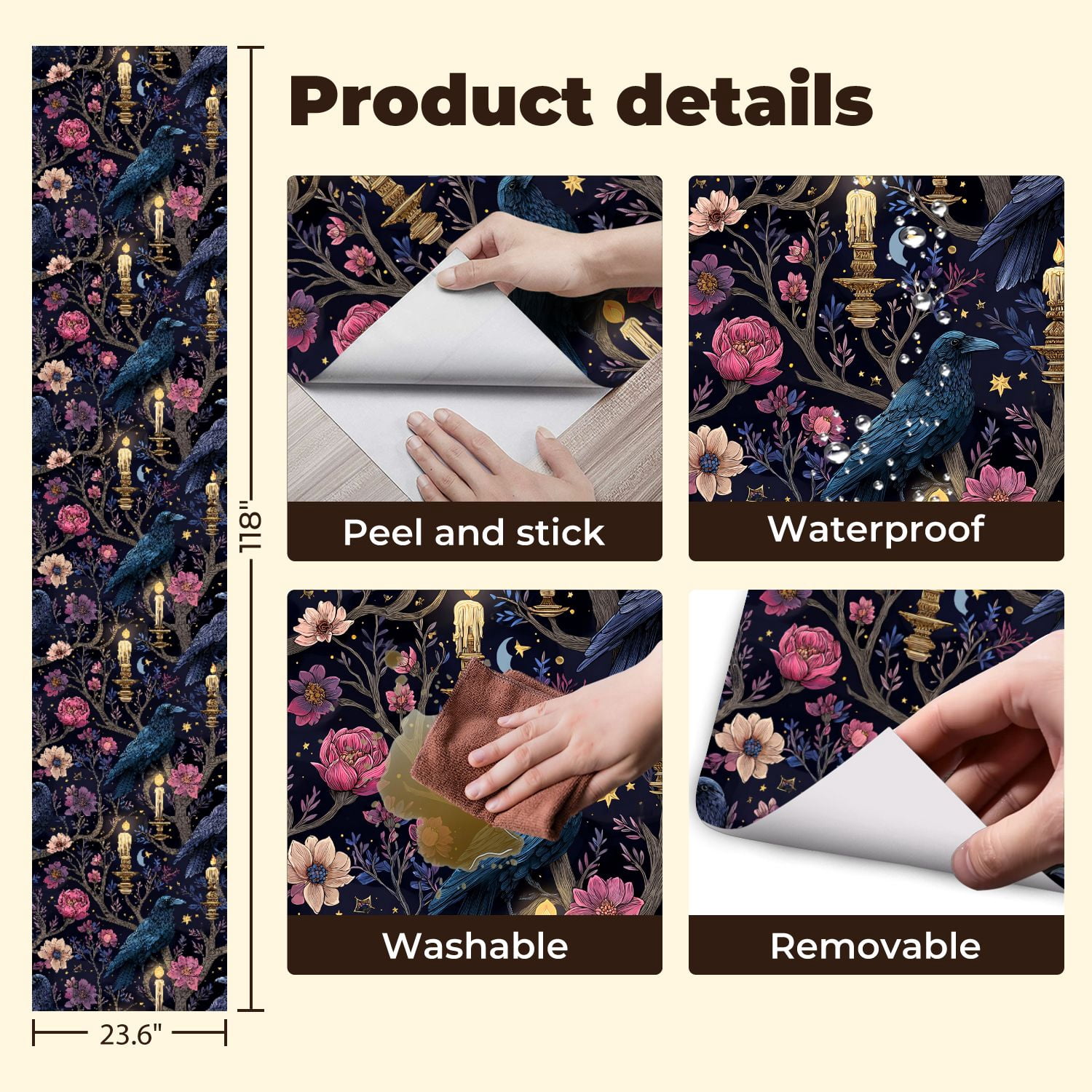Peel and Stick Wallpaper Raven Floral Candles Starry Night Wall Mural 23.6in x 9.8ft Self Adhesive Removable Wall Paper Renter Friendly Wallpaper for Nursery Bedroom Cabinets