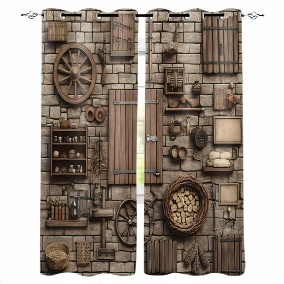Fsddascl Medieval Blackout Curtains for Bedroom/Living Room, Thermal Insulated Kitchen Curtains, Rustic Weathered Grunge Cottage Scene Wooden Grommet Darkening Window Treatment Drapes 52"x63"x2