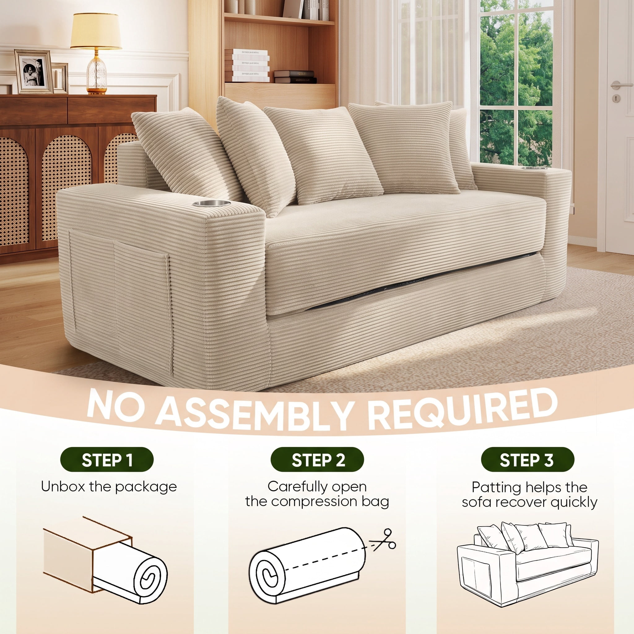 Lunale Convertible Sleeper Sofa Bed, Boneless Futon Cloud Couch, No Assembly Required, Pull Out Floor Couch Bed for Living Room, Beige Corduroy