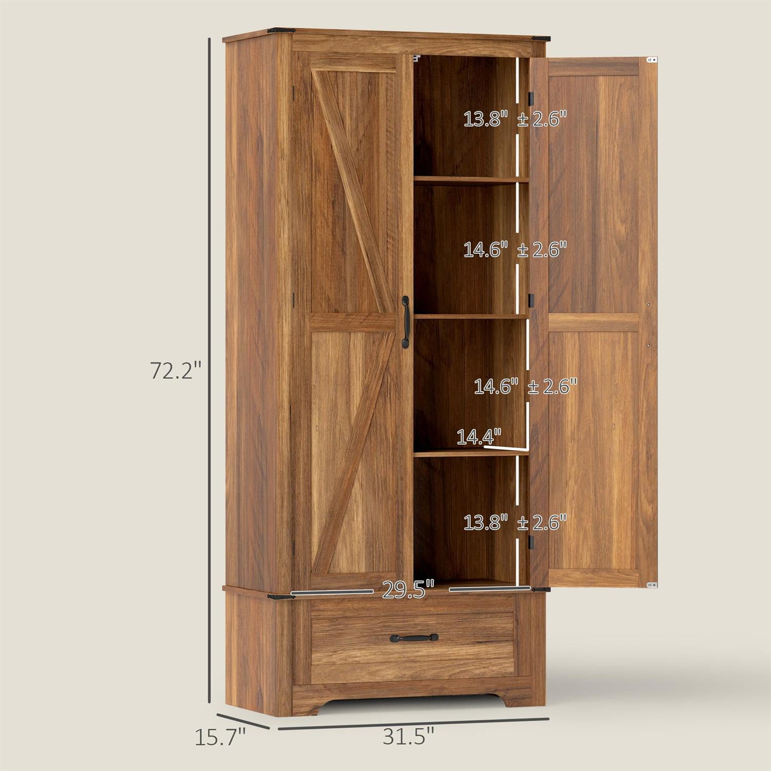 Demi Bonn 72" Farmhouse Pantry Cabinet with Adjustable Shelves, 2 Doors for Home Office, Kitchen, Living Room, Brown