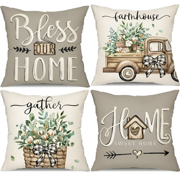 AUQ Farmhouse Pillow Covers 18x18 Set of 4 Eucalyptus Leaves Decorations Truck Sweet Home Spring Pillow Covers, Linen Cushion Case Gifts for Home Decor 175