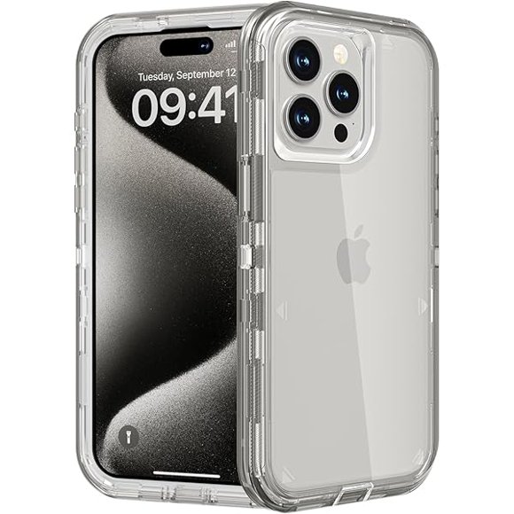 HAYAN for iPhone 15 Pro Case, Heavy Duty Shockproof Protection Phone Cases, Anti-Drop, Durable Triple Layer Transparent Protective Cover Compatible with iPhone 15 Pro, 6.1 inch,Crystal Gray