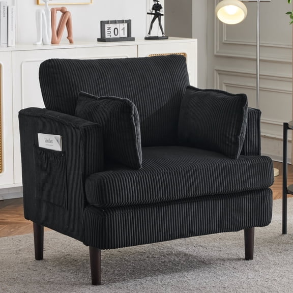 Ktaxon Corduroy Accent Chair, Reading Chair with Rubberwood Legs, Sofa with Armrest Pockets, Two Armrest Pillows, Thick Cushions, for Home Office Black