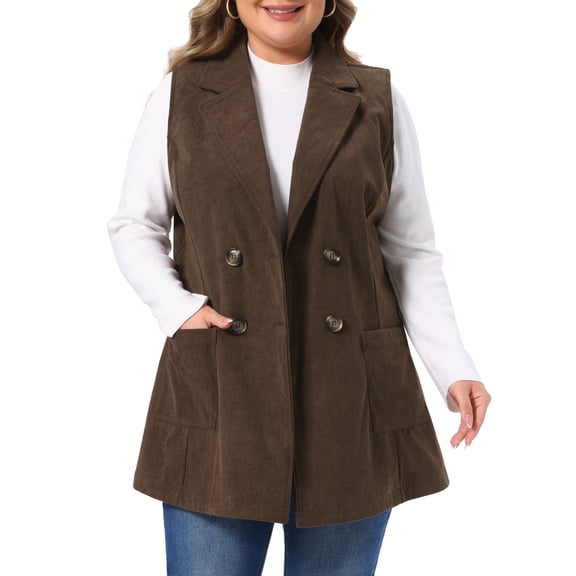 Agnes Orinda Women's Plus Size Halloween Outfits Corduroy Vest Lapel Sleeveless Double Breasted Fall Blazer Waistcoat with Pocket 1X Dark Brown