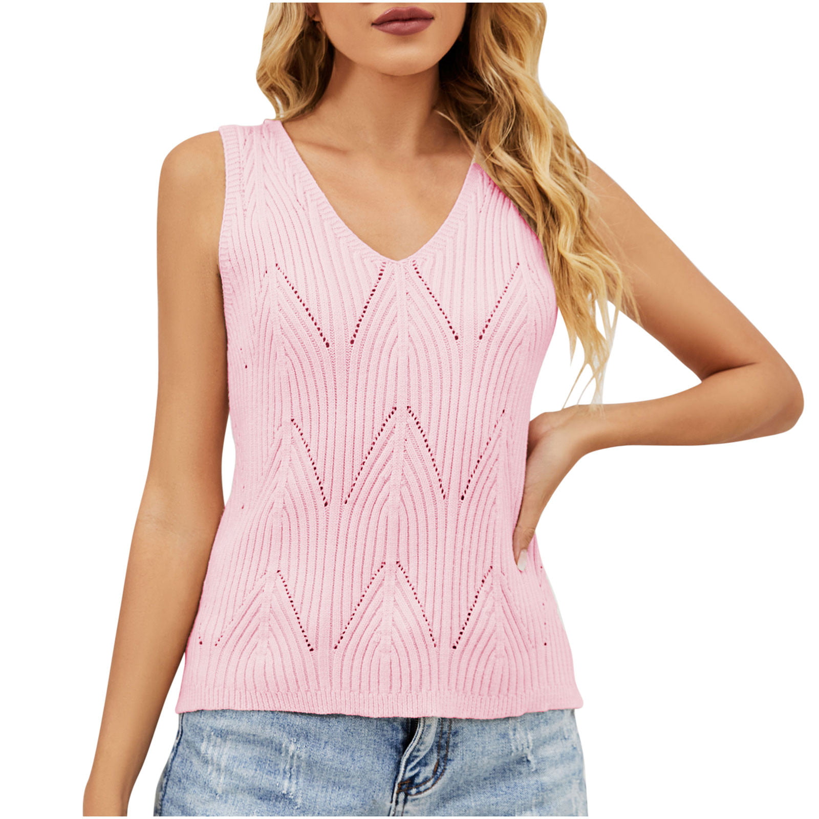XFLWAM Women's Sexy Crochet Knit V Neck Tank Tops Sleeveless Hollow Out  Casual Loose Fit Cami Sweater Vest Pink M - Walmart.com