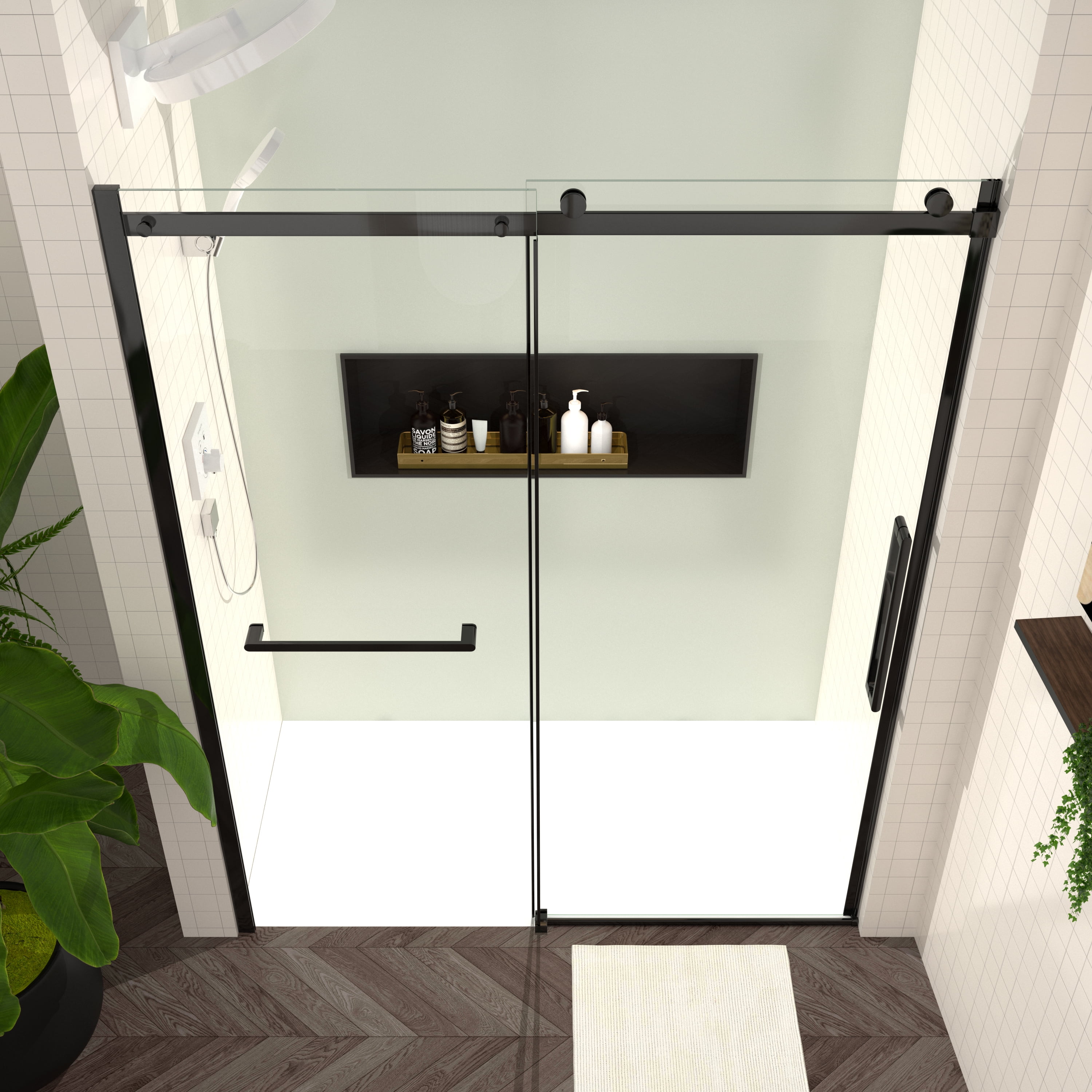 Leumius 56-60"W x 76"H Sliding Shower Door, 8mm Frameless Glass Shower Door with Matte Black Hardware, Towel Bar and Handle,Drop Shipping available