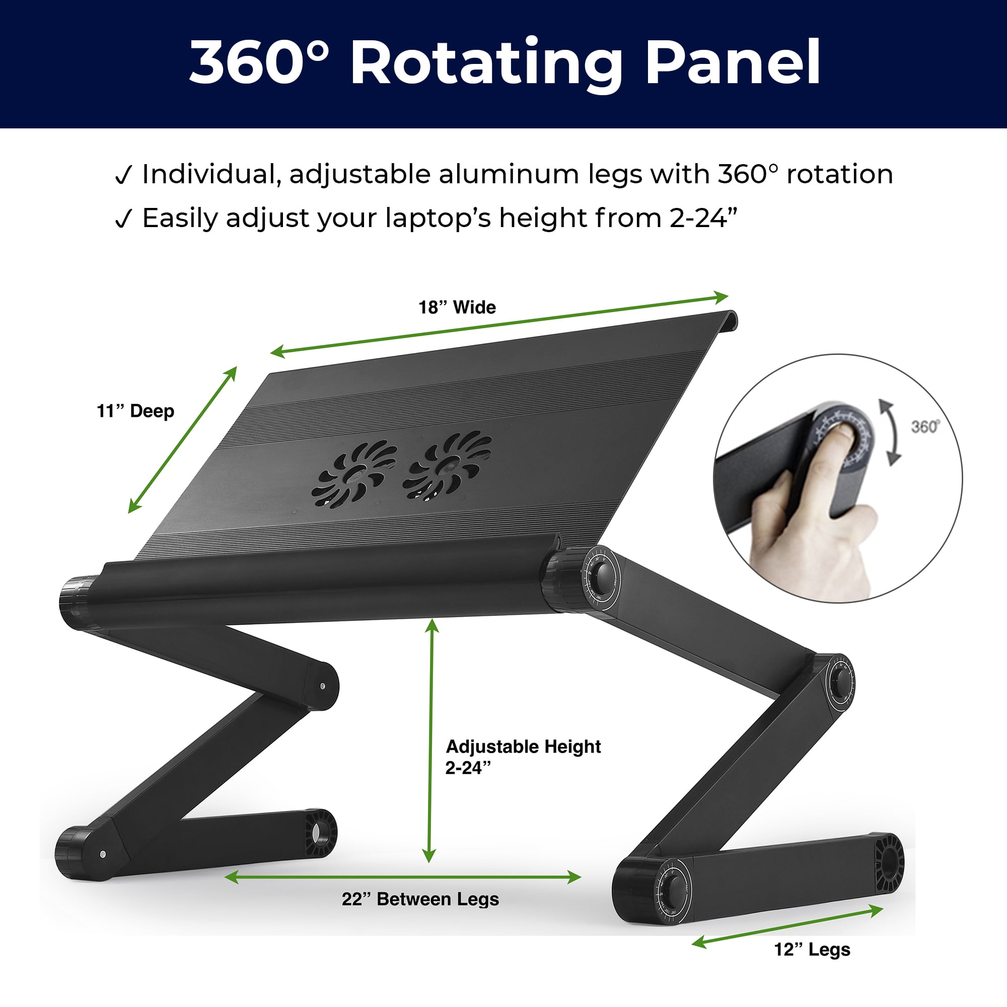 Adjustable Laptop Cooling Stand with Dual Fans & USB Ports – WorkEZ Executive Foldable Aluminum Laptop Desk for Bed, Couch & Office, Ergonomic Riser for Laptops up to 17”