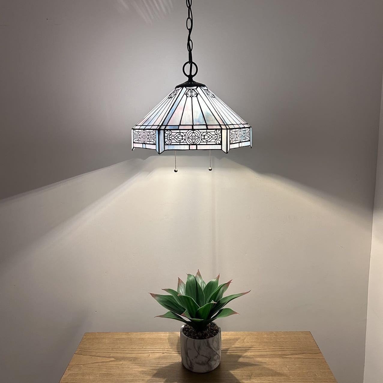 Tiffany Pendant Lights Fixture Pink Blue Stained Glass Hexagon LED Bulb Included for Dining Room 16"W*16"D*75"H