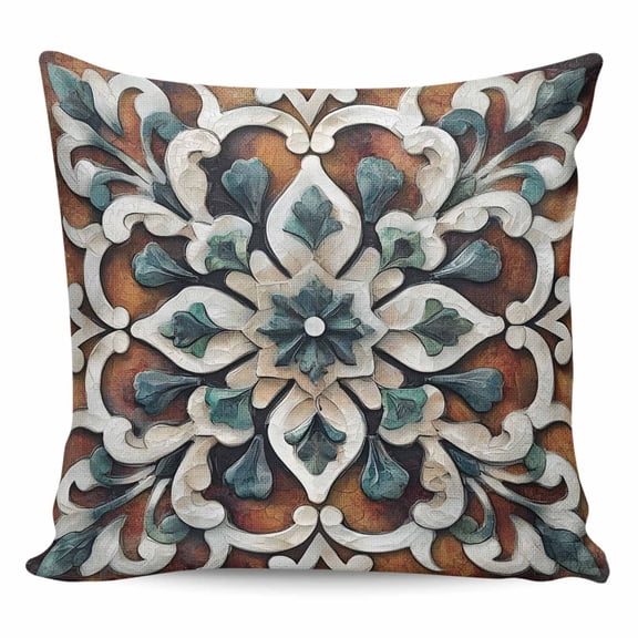 Throw Pillow Covers 24x24 Inch, Brown Teal Boho Decorative Pillow Cases for Couch Sofa Bed, Ethnic Rustic Abstract Flowers Cotton Linen Square Home Decor Pillowcases with Hidden Zipper
