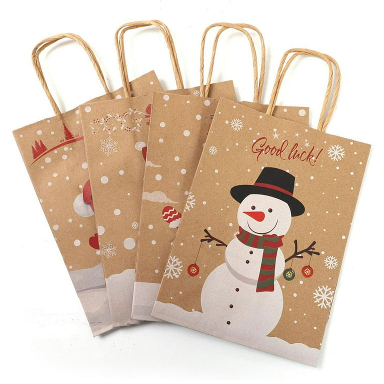 16 Pack Christmas Gift Bags Kraft Holiday Gifts Bags with Festive Prints,  6.3 x 3.2 x 8.7 inches Sturdy Christmas Goodie bags with Handle, for Gifts