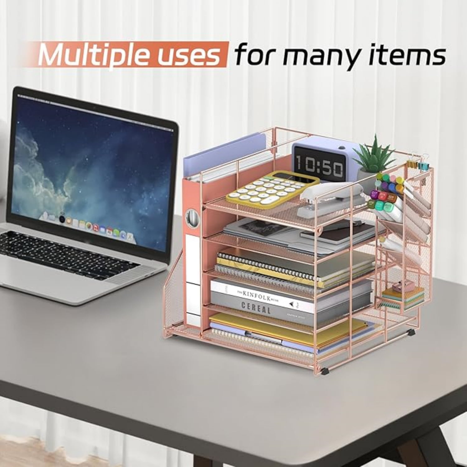 INTIGE Desk Organizer and accessories, 5-Tier Paper Organizer for Desk with Pen Holder and Magazine Holder, Paper Letter Tray for Home, Office