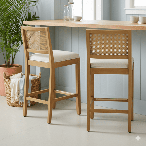 GOMYHOME Cane Back Wood Bar Stool, Counter Height, Upholstered Seat, Mid-Century/Farmhouse
