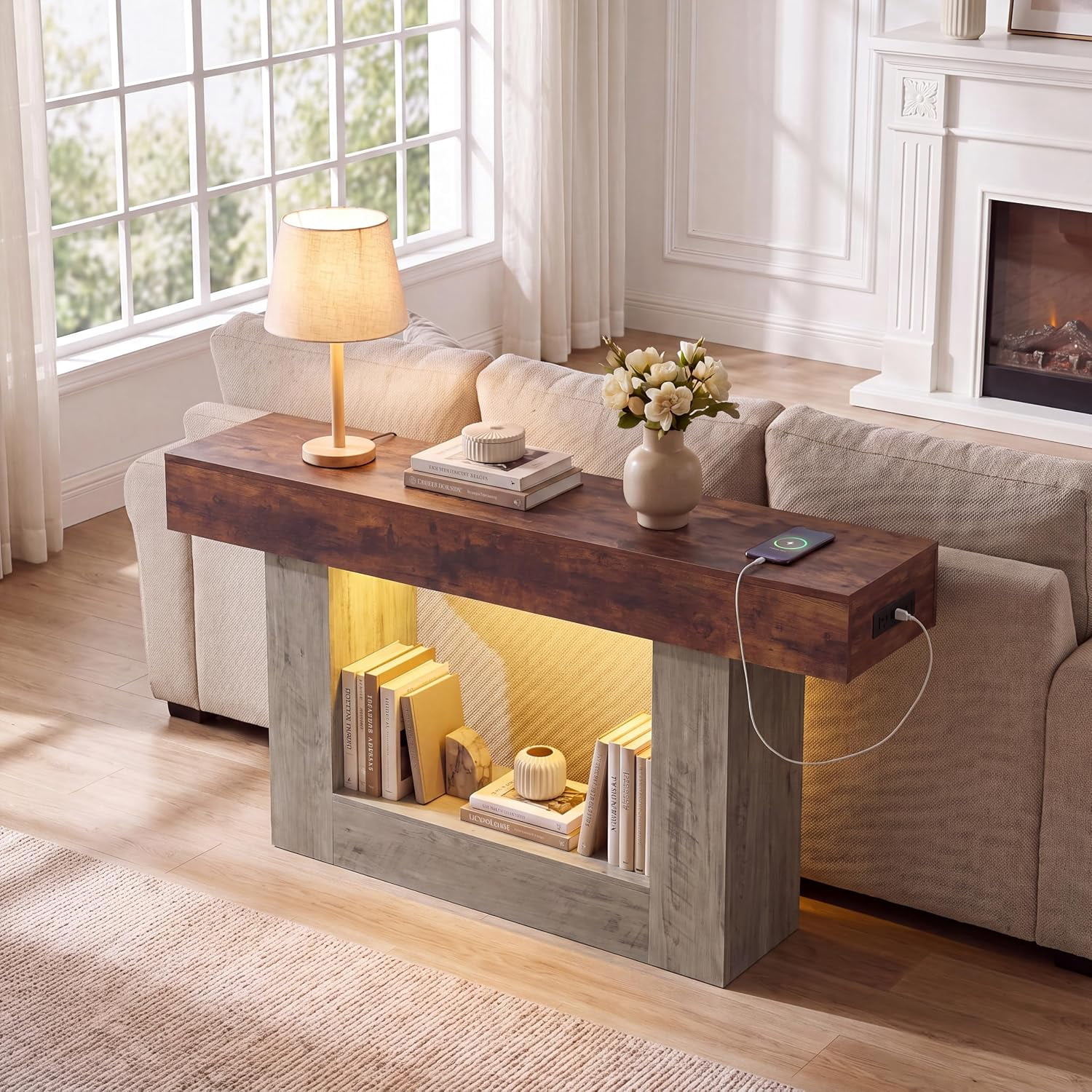 55” Entryway Table with Charging Station & LED Light, Narrow Sofa Table for Hallway Living Room, Modern Farmhouse Console Table with Storage Shelf, Brown and Gray