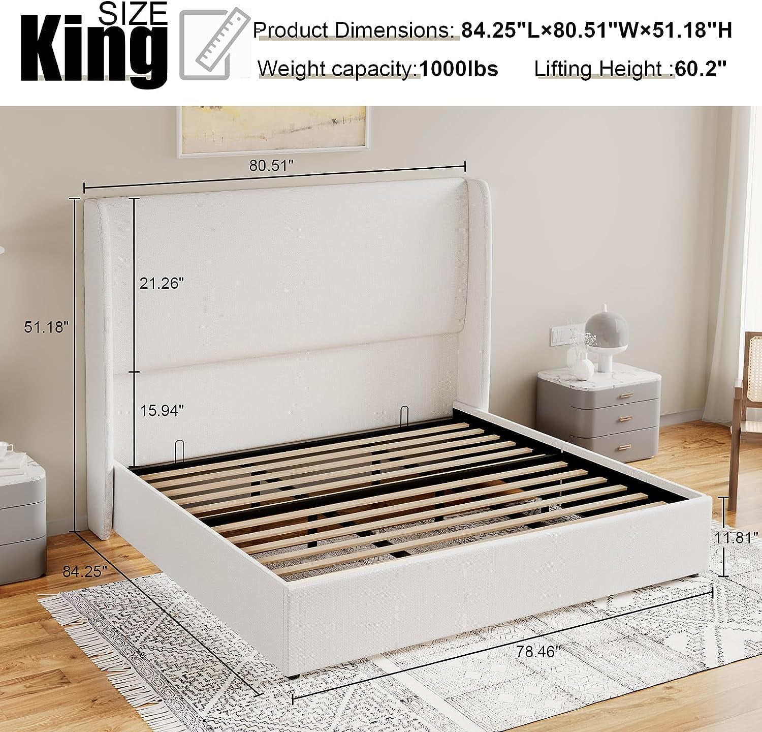 Merluxy King Bed Frame with Lift-Up Storage, Linen Upholstered Platform, Wingback Headboard, No Box Spring Needed, White