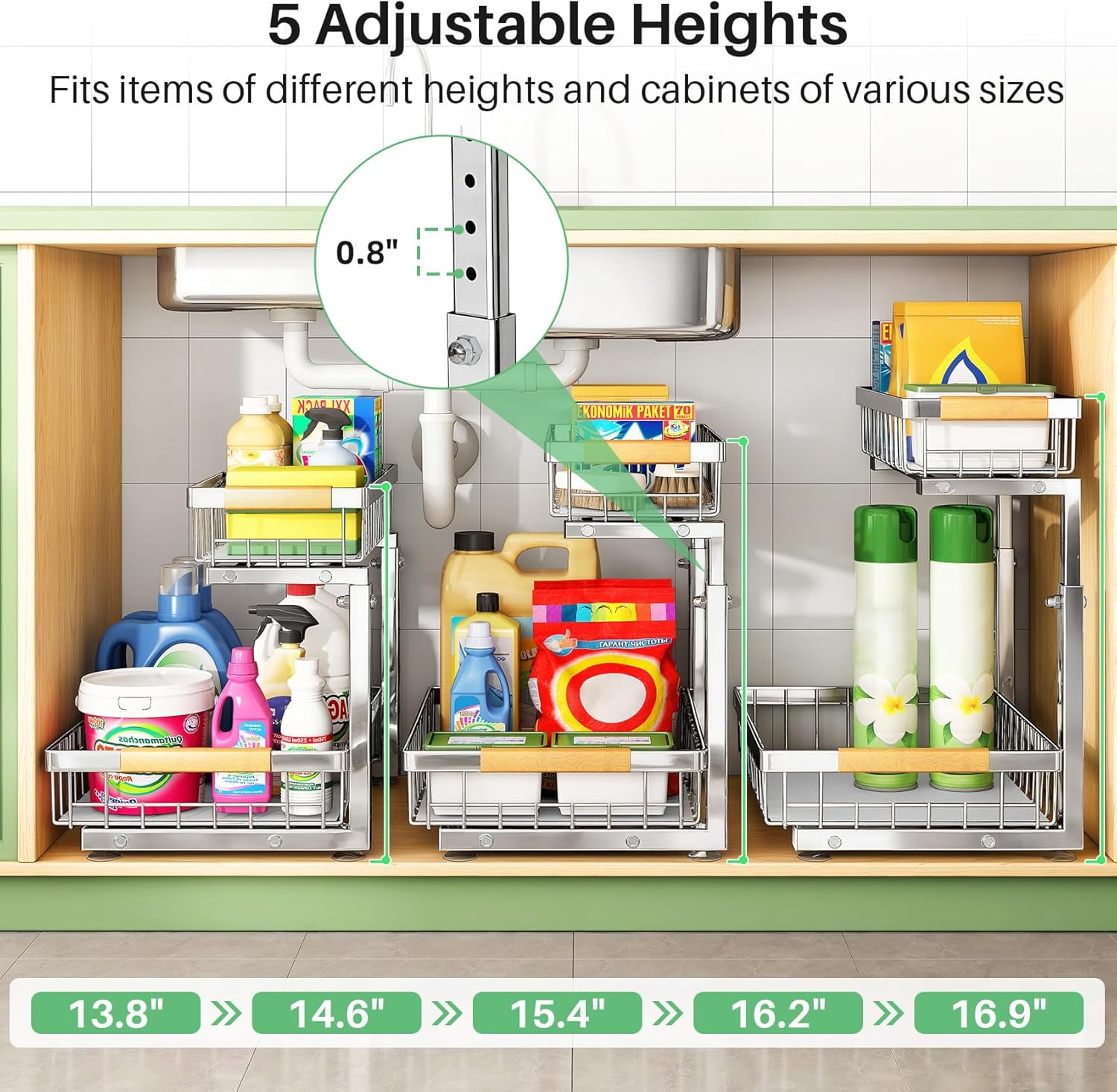Under Sink Organizer, 2 Packs 2 Tier Under Sink Organizers and Storage, Slide out Pull out Cabinet Organizer Shelf, Metal Sliding Drawer for Kitchen Bathroom Pantry Cabinet Closet Organization Rack