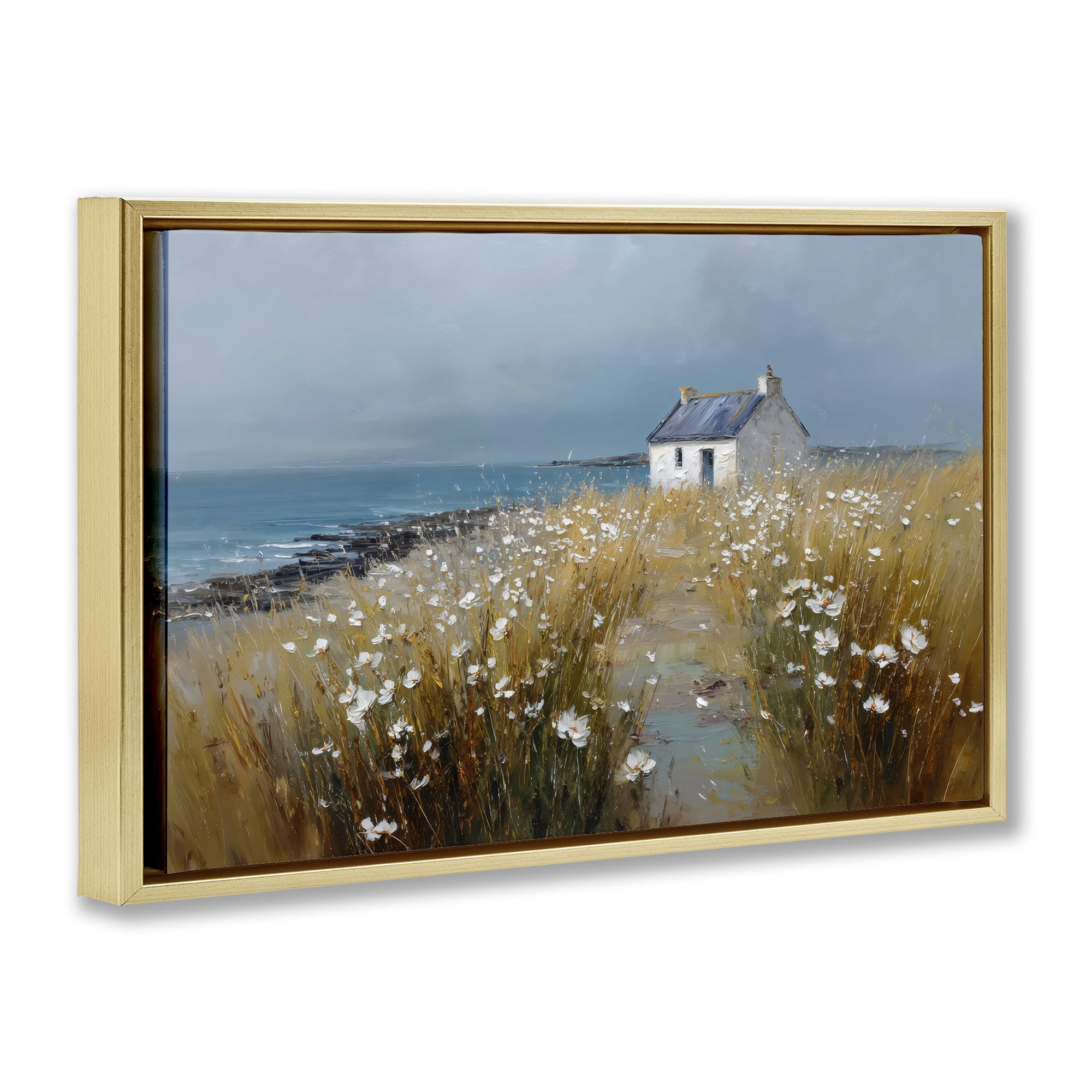 Stupell Industries Oceanfront Cottage Wildflowers Gold Framed Floater Canvas Wall Art, design by Petal Prints Design