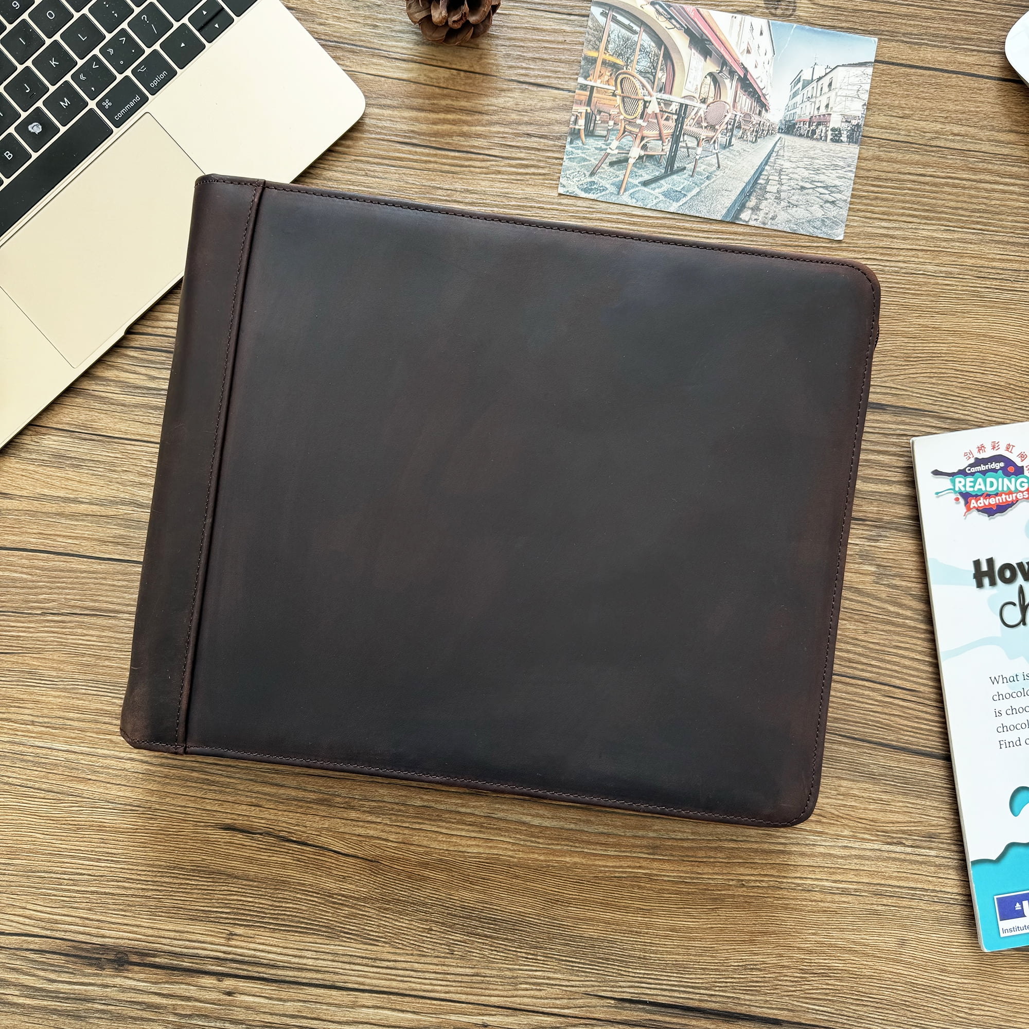 Business 3 Ring Check Binder, Genuine Leather Check Book Portfolio for 3 Holes or 9 Holes Checks, Check Book Binder for 11 1/4"x9", Crazy Horse Leather (Dark Brown)