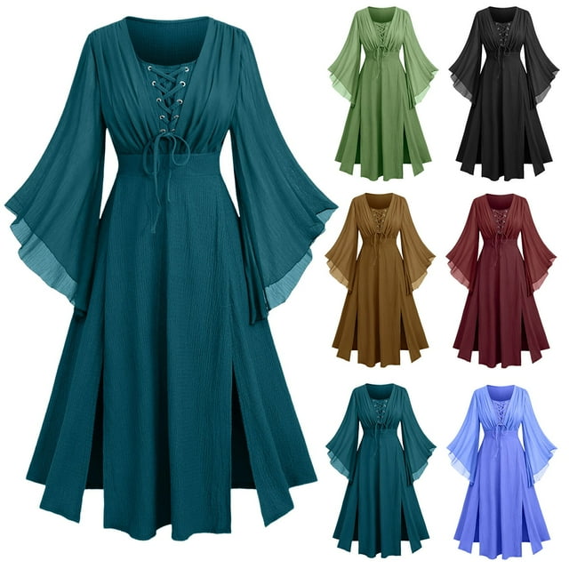 Pitauce Womens Medieval Renaissance Costumes Mesh Flared Sleeve Lace-up Dresses Steampunk Gothic Party Dress Prom Gown