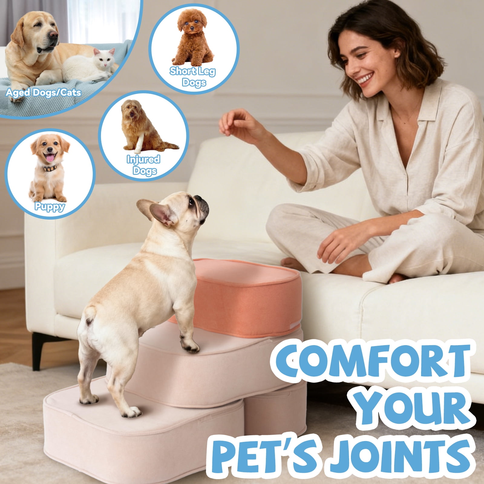 Dog Stairs for Small Dogs 17.7" H, 2-in-1 Convertible 3-Step Pet Steps for High Bed & Couch, High Density Foam Dog Ramp with Non-Slip Bottom, Safe for Puppies, Senior Dogs & Cats