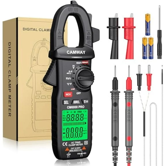 CAMWAY Stromzange, StrommessgerƤt DC/AC Strom 0-600A, Zangenmultimeter True-RMS 6000 Counts Auto-Ranging mit LOWZ, misst AC/DC Spannung Strom Widerstand NCV Dioden KapazitƤt TastverhƤltnis Temperatur