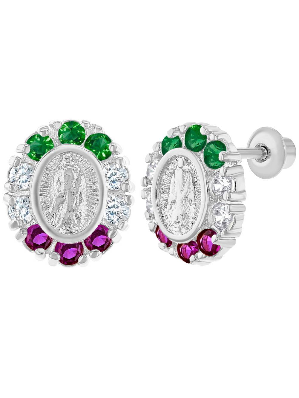 Rhodium Plated Virgin Mary Lady of Guadalupe Crystal Screw Back Earrings 