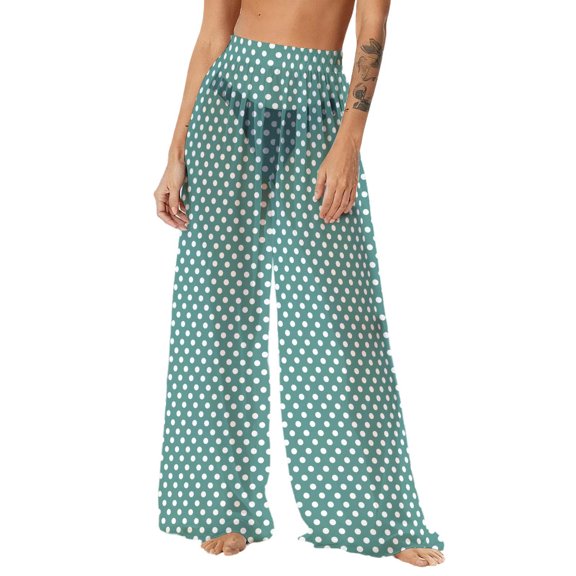 Levmjia Women's Bohemian Beach Pants Swimwear Cover Up Lightweight Rayon Chiffon Polka Dot Print Loose Fit Plus Size Casual Trousers S-2XL