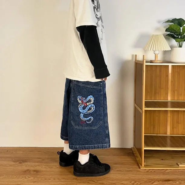 Hip Hop JNCO Mens Vintage Streetwear Snake Graphic Wide Leg Denim Pants Baggy Gym Shorts Men Fashion Jorts Jeans Shorts BLD Walmart