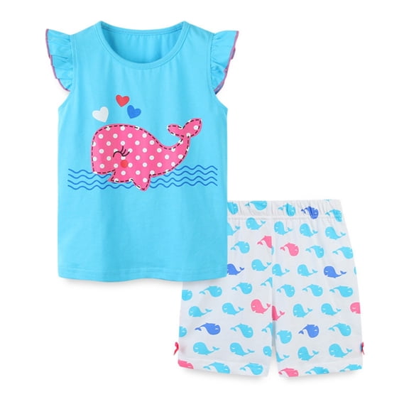 Hiijoy Toddler Girls Outfits Whale Print Flutter Sleeve T-Shirt Shorts Set, Sizes 2-8