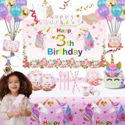 Unicorn Birthday Decorations for Girls, 1-9 Years Old Unicorn Party Supplies Set Include Backdrop Balloons Banner Tablecloth Cake Topper Headband 10pcs Tableware Invitation Cards Candy Box