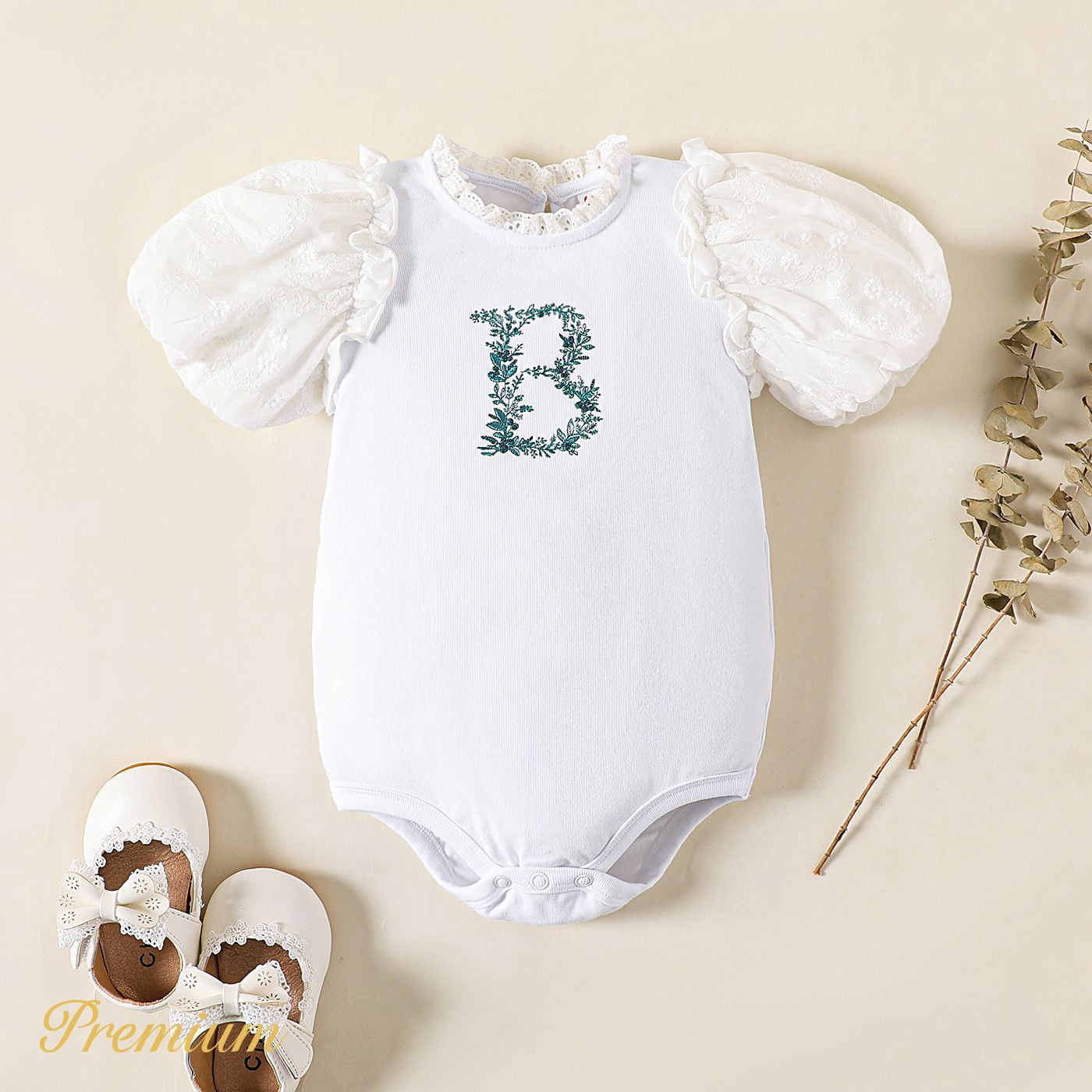 PatPat Baby Girl Cotton Letter Embroidered Frill Neck Puff-sleeve Romper