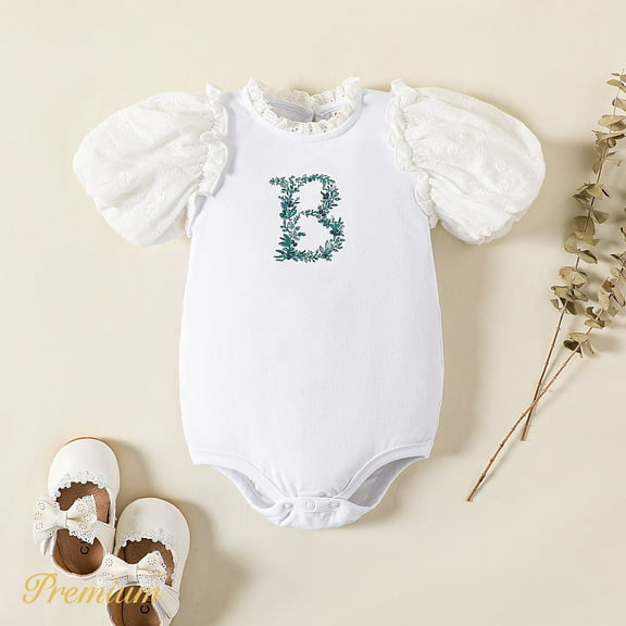 PatPat Barboteuse à Manches Bouffantes en Coton pour Bébé Fille avec Lettres Brodées et Col à Volants