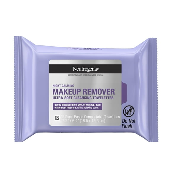 Neutrogena Makeup Remover Night Calming Wipes and Face Cleansing Towelettes, 25 Ct