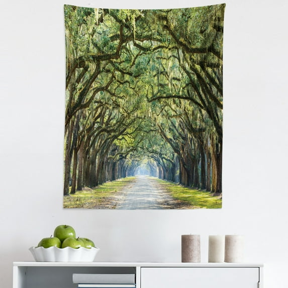 Forest Tapestry, Tranquil Pathway Strong Spring Trees Serene Nature Trekking Theme, Fabric Wall Hanging Decor for Bedroom Living Room Dorm, 5 Sizes, Green and Brown, by Ambesonne