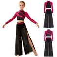 thumbnail image 6 of Doomiva Kids Girls Lyrical Dance Outfit  2 Piece Contemporary Dancewear Sparkly Crop Tops with Mesh Wide Leg Pants Hot Pink 10, 6 of 7