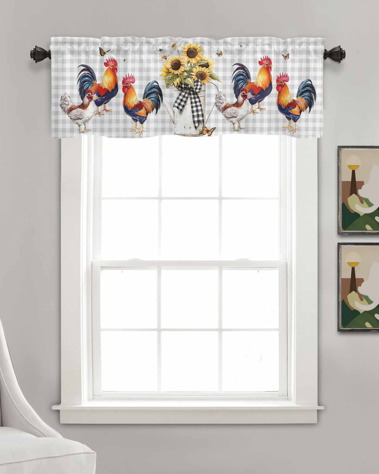 Chicken Sunflowers Kitchen Valances for Windows Farmhouse Linen Window Valance Curtain for Living Room Window Treatment Floral Butterfly Gray White Buffalo Plaid Valance Rod Pocket, 60 x 18 Inch