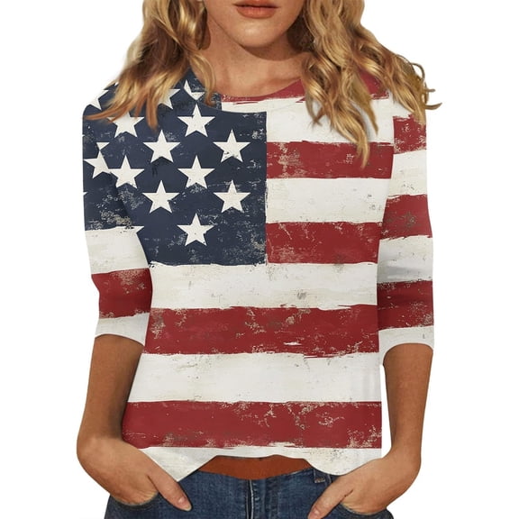MEICHEN 4Th of July Shirts Women Patriotic Shirt American Flag 3/4 Sleeve Tops Memorial Independence Day Top Outfit Summer 250th Anniversary Tops