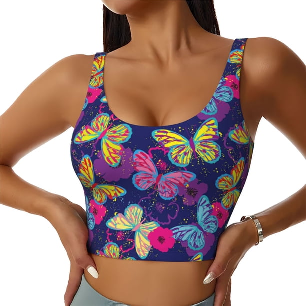 Fotbe Paint Butterflies Sujetador Deportivo Largo sin Aros para Mujer con Almohadillas y Soporte Medio, Transpirable y Absorbente, Camiseta Tipo Chaleco o Tank Top-Small