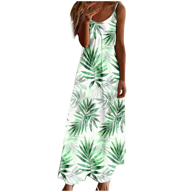 Staron Robes d'Été pour Femmes Florales Décontractées de Printemps Amples Mode Longues Fluides Robe Maxi à Col en V à Bretelles Spaghetti Robes de Plage