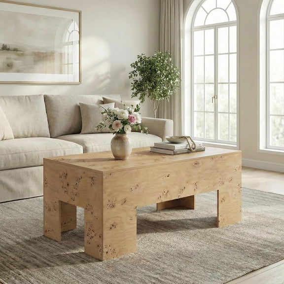 Finmind 47.24" Wood Coffee Table, Modern Rectangle Center Table with Burl Wood Veneer, Natural
