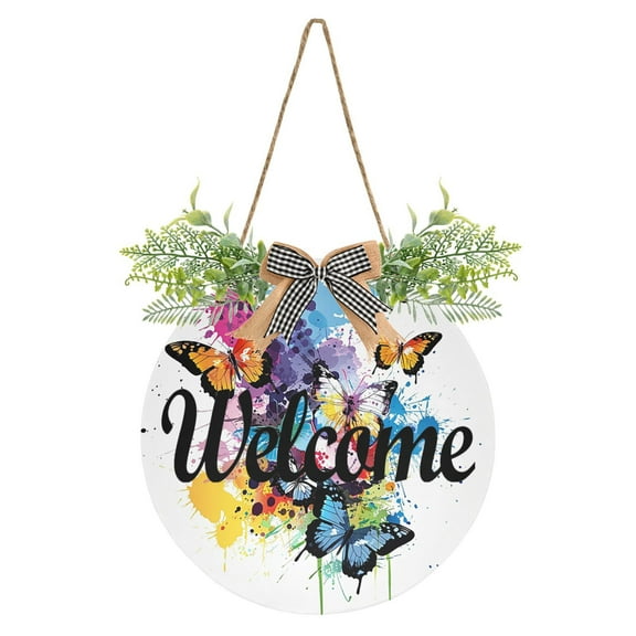 Colorful Butterflies Welcome Sign for Front Door Wreath Door Sign for Farmhouse Porch Decoration Indoor Outdoor