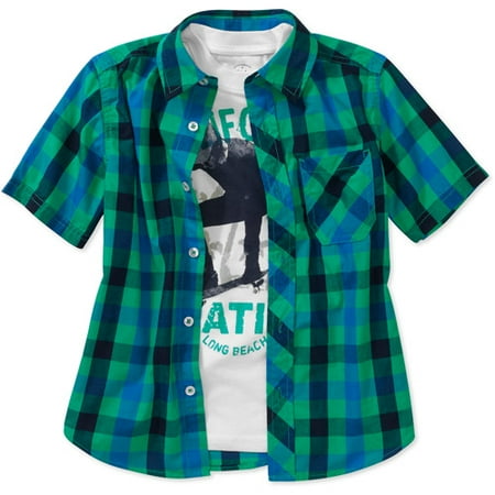 Faded Glory Boys' Short Sleeve Plaid Shirt With Graphic Crew Tee